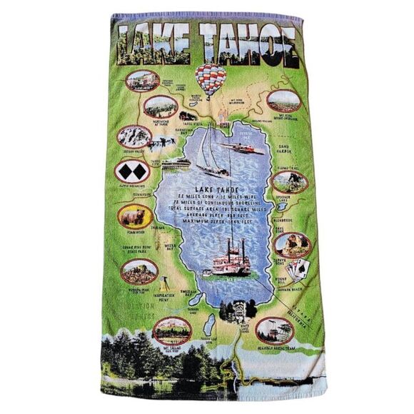 Lake Tahoe Map Beach Towel Travel Destination Tourist Tourism Vacation - Picture 1 of 7